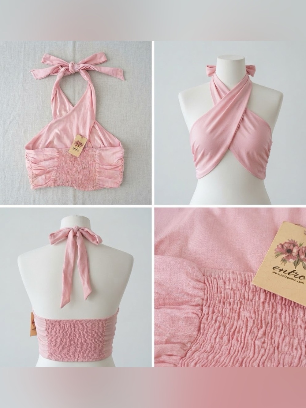 Entro crop top with tie and open back NWT pink stretchy back 70% viscose